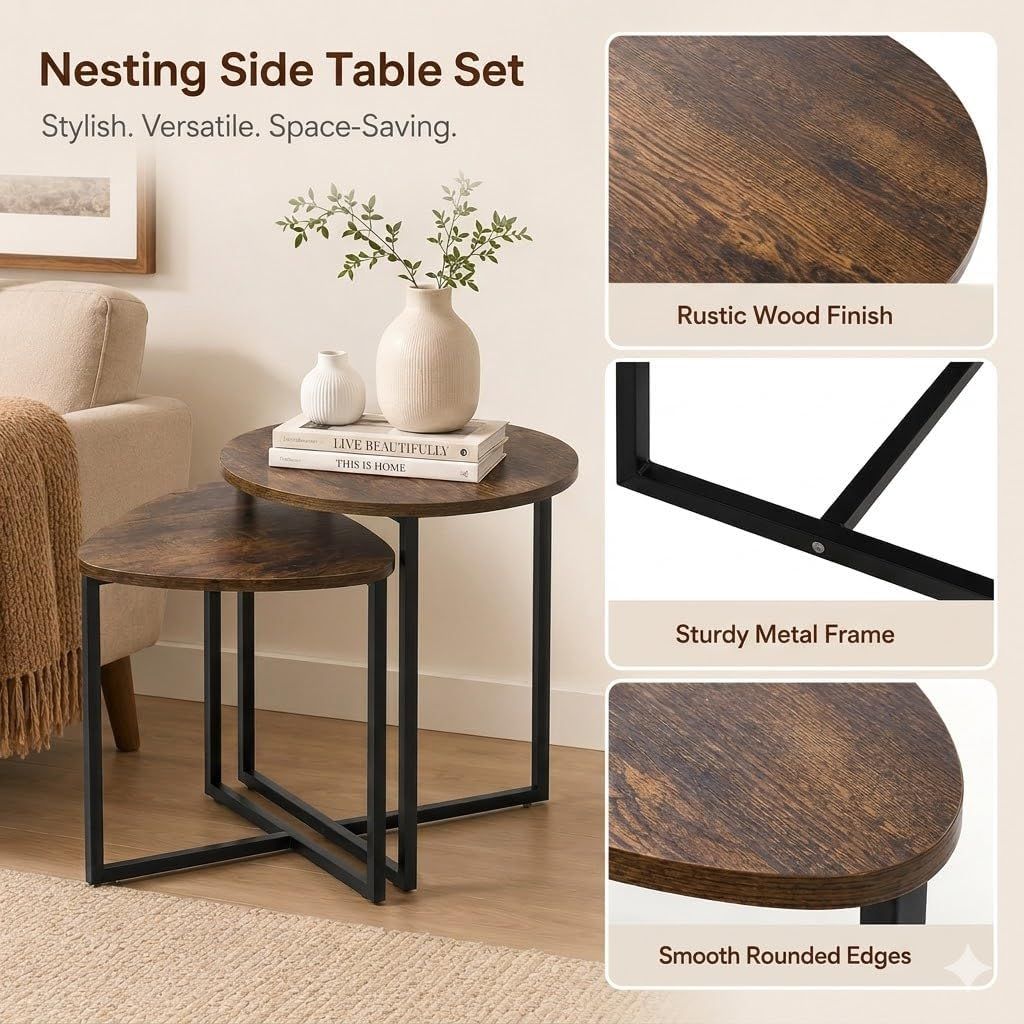 Nesting Side Tables Set of 2, Round End Tables with Rustic Brown Wood Look Top and Black Metal Frame, Space Saving Accent Coffee Tables for Living Room, Bedroom, Sofa Side, Bedside, Small Spaces