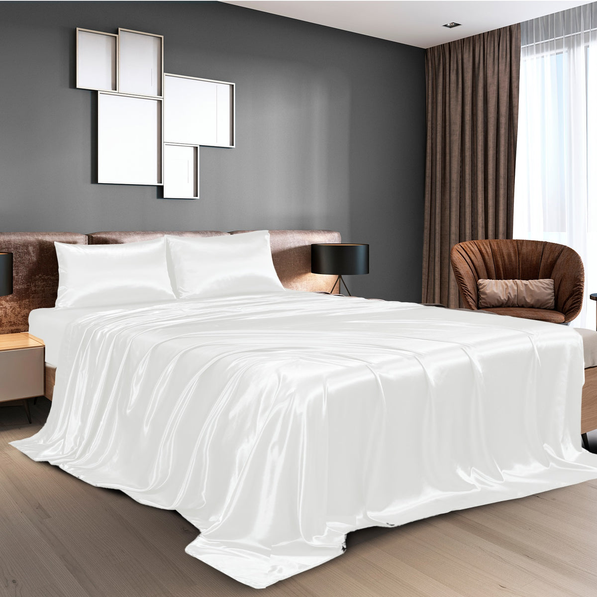 Royal Comfort Satin Sheet Set 4 Piece Fitted Flat Sheet… - V160-10003478