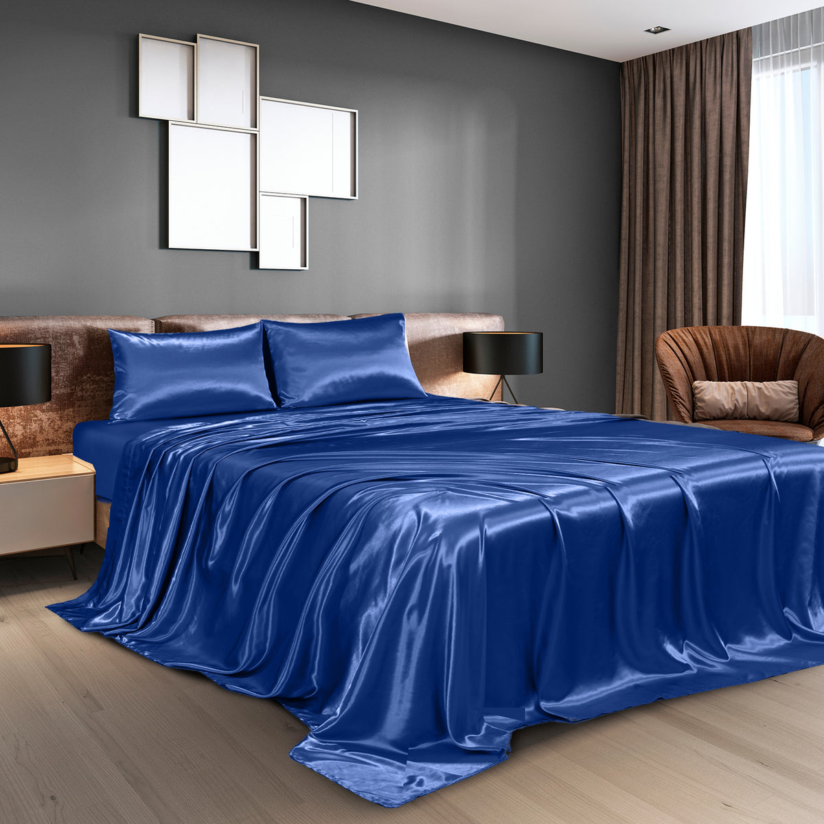 Royal Comfort Satin Sheet Set 4 Piece Fitted Flat Sheet… - V160-10003483