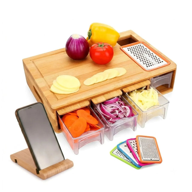 Large Bamboo Cutting Board & 4 Containers w/Mobile Holder included for Kitchen