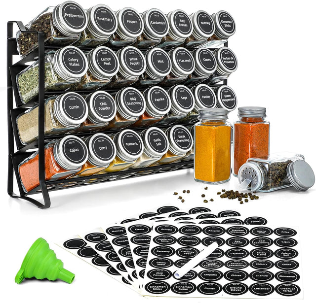Spice Rack organiser w/28 Jars, Labels, Funnel & Marker for Kitchen Countertop