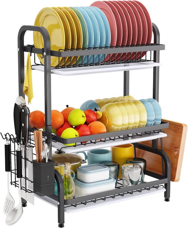 Dish Drying Rack 3 Tier Capacity Kitchen Storage w/Utensil & Cutting Board