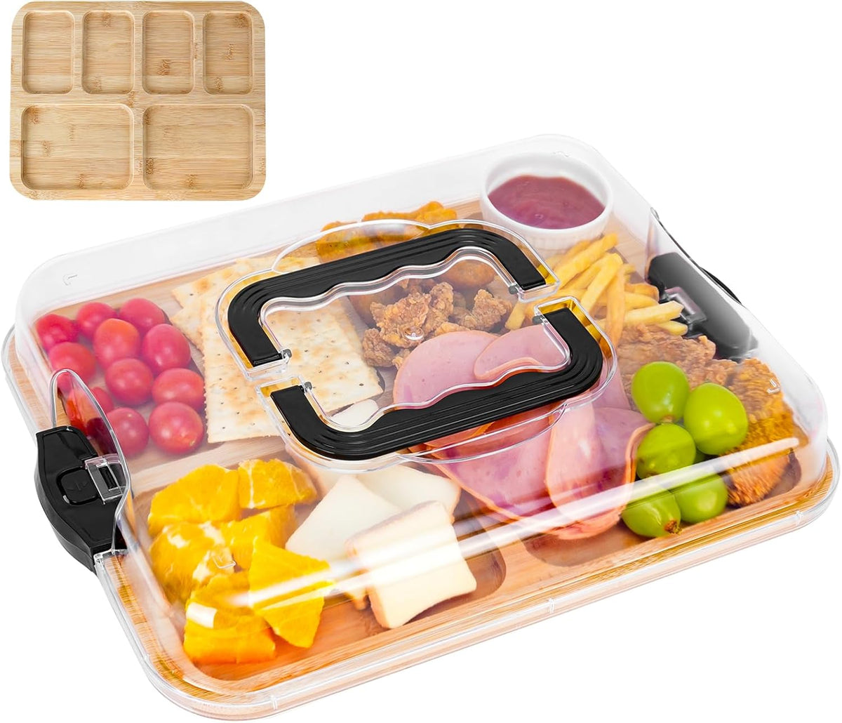 CARLA HOME Bamboo Charcuterie Board with Lid & Handle ideal Gift for Kitchen, Party & Picnic (6 Compartments)