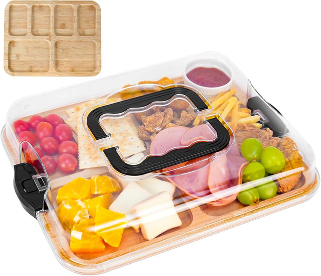CARLA Bamboo Charcuterie Board w/Lid & Handle Kitchen, & Picnic (6 Compartments)