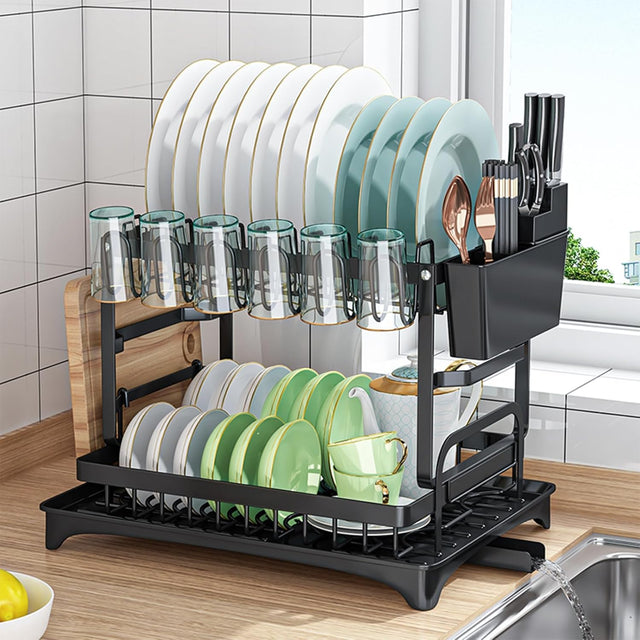CARLA 2 Tier Dish Drying Rack w/Drainage Tray Black Board Slot Countertop