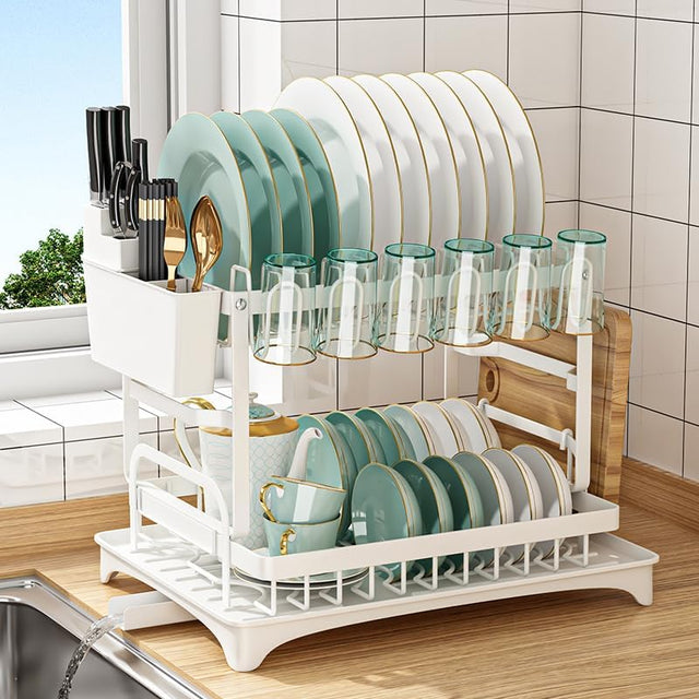 CARLA 2 Tier Dish Drying Rack w/Drainage Tray White Board Slot Countertop