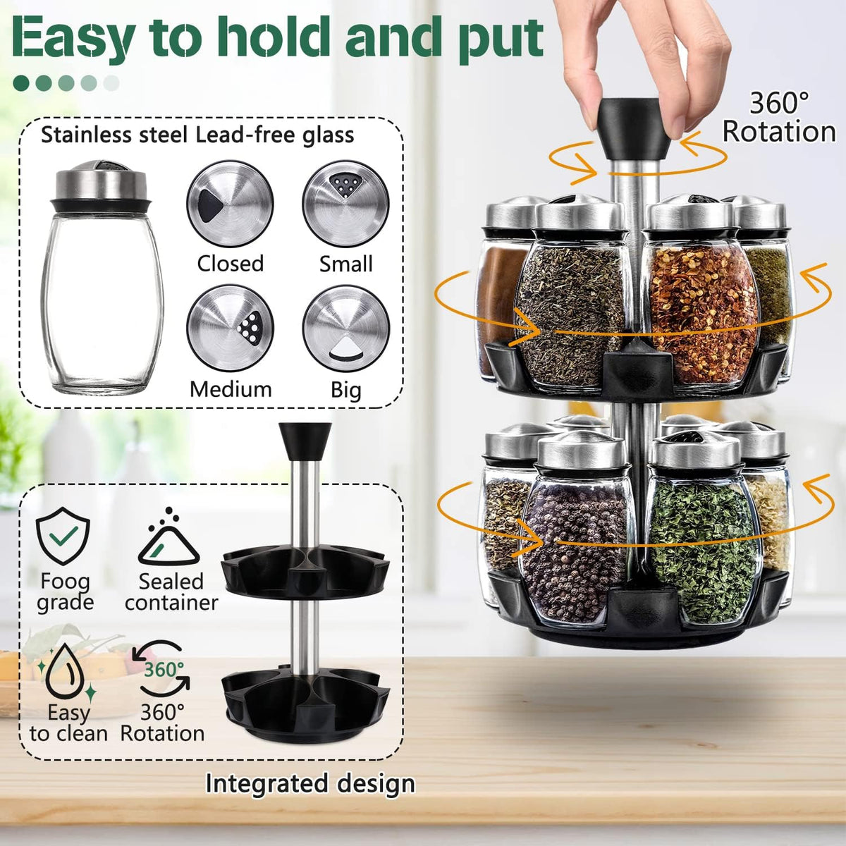 CARLA HOME Rotating Spice Rack Organizer with 12 Glass Jars for Kitchen Seasoning and Herb Storage
