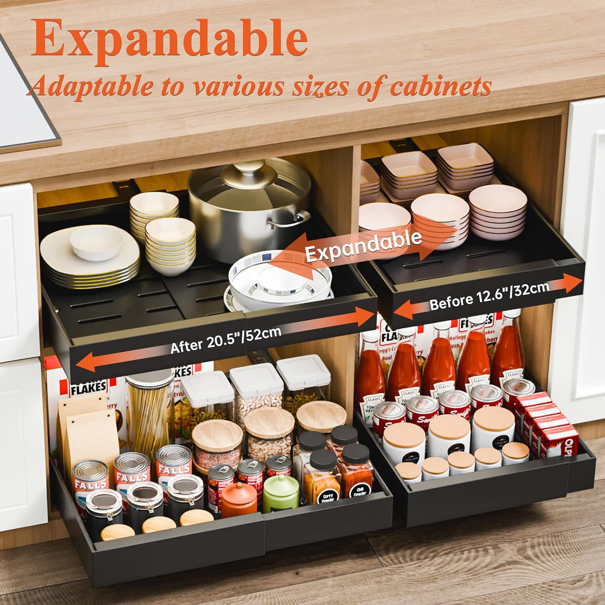 CARLA HOME Pack Pull Out Cabinet Organizer Expandable for Cabinets with Adjustable Slide Out Shelves and Easy Installation (Black)