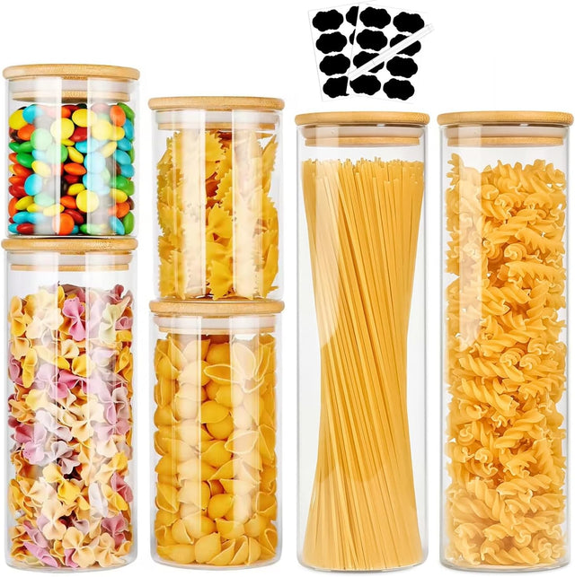 CARLA 6 Pack Glass Storage Jars w/Bamboo Lids Kitchen Pantry, Pasta, Snacks