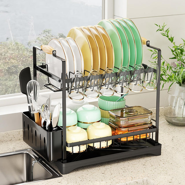 CARLA 2 Tier Dish Drying Rack w/Drainboard, Utensil Holder, Glass (Black)