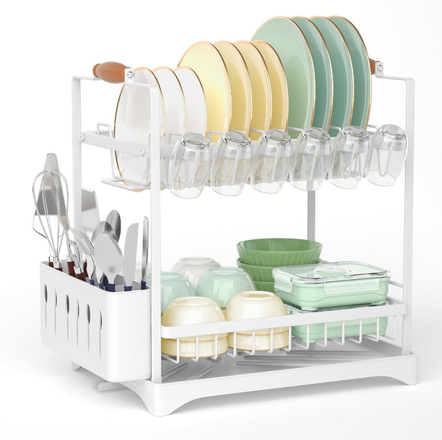 CARLA 2 Tier Dish Drying Rack w/Drainboard, Utensil Holder, Glass (White)