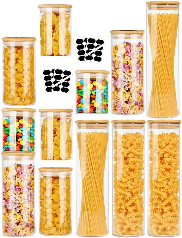 CARLA 12 Pack Glass Storage Jars w/Bamboo Lids Kitchen Pantry, Pasta, Snacks