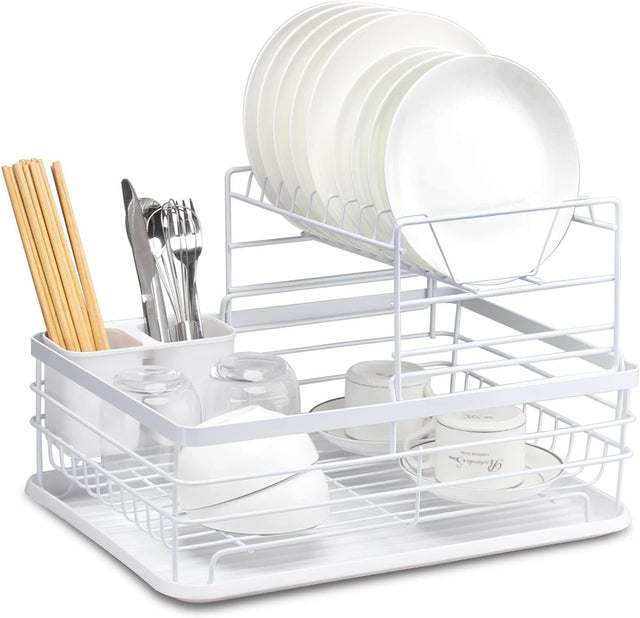 CARLA 2 Tier Dish Drying Rack Kitchen Counter w/Removable Drip Tray, Utensil