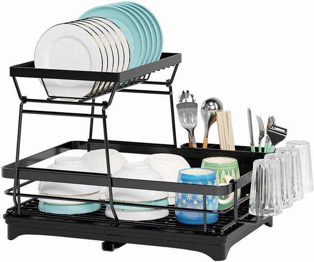 CARLA 2 Tier Dish Drying Rack Kitchen Counter w/Drainboard, Utensil Holder