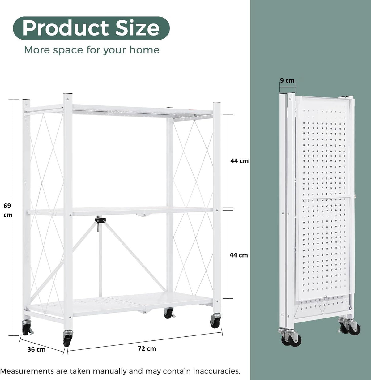 CARLA HOME 3-Tier Foldable Storage Shelf with Wheels for Kitchen, Garage, Pantry or Basement (White)