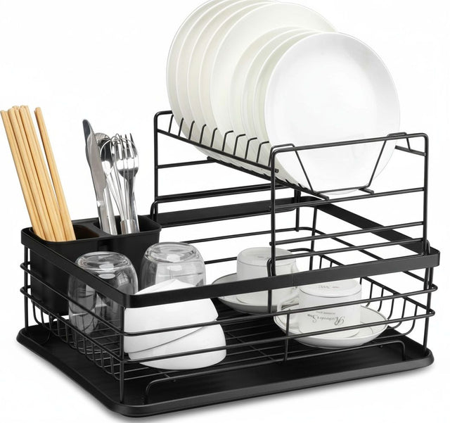 CARLA 2 Tier Dish Drying Rack Kitchen Counter w/Removable Drip Tray, (Black)
