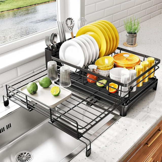 CARLA Expandable Dish Drying Rack w Drainage Spout Utensil Holder 1