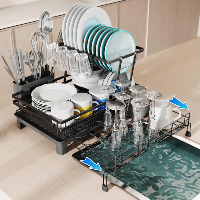 CARLA Expandable Dish Drying Rack w Drainage Spout Utensil Holder 2