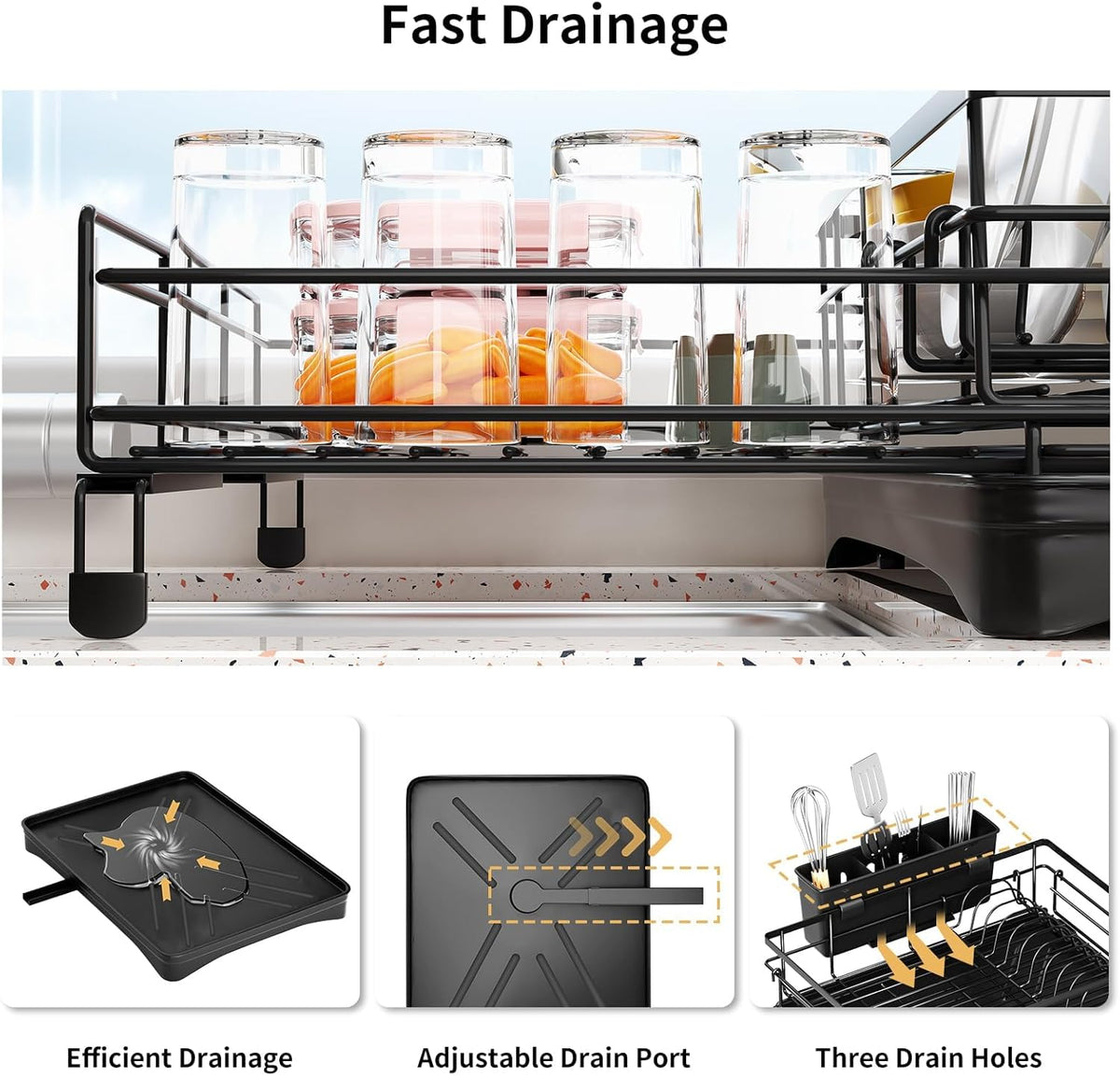 CARLA HOME Expandable Dish Drying Rack with Drainage Spout, Utensil Holder & Drainboardfor Kitchen Countertop Organizer (2 tier)