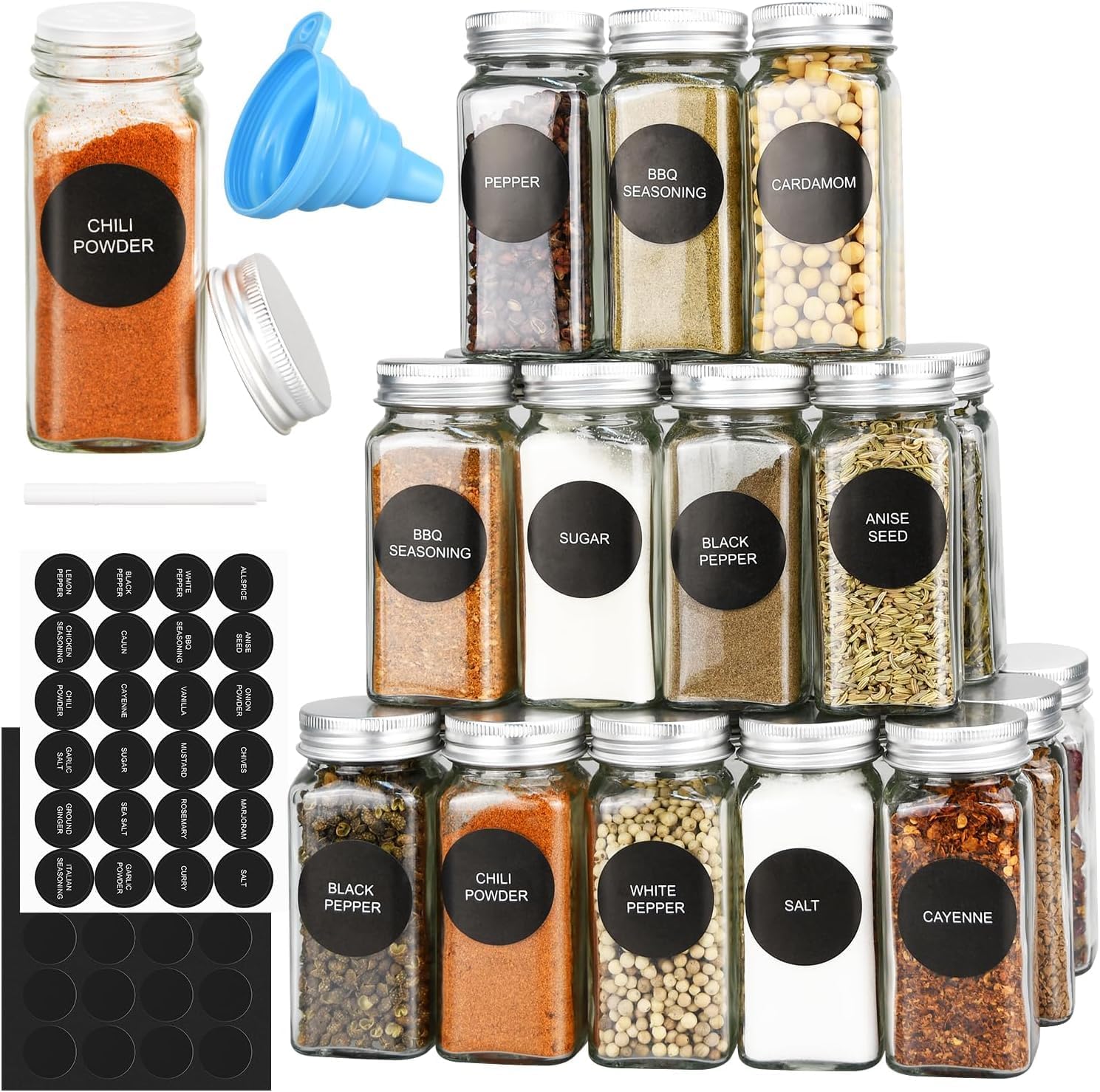 CARLA HOME 24 Glass Spice Jars with Lids, Shaker Tops, 180 Spice Labels, White Pen & Funnel for Kitchen Organization, Spice Rack, Seasoning & Herb Storage