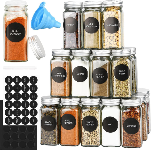 CARLA 24 Glass Spice Jars w/Lids, Shaker Tops, 180 Labels, White Pen & Storage