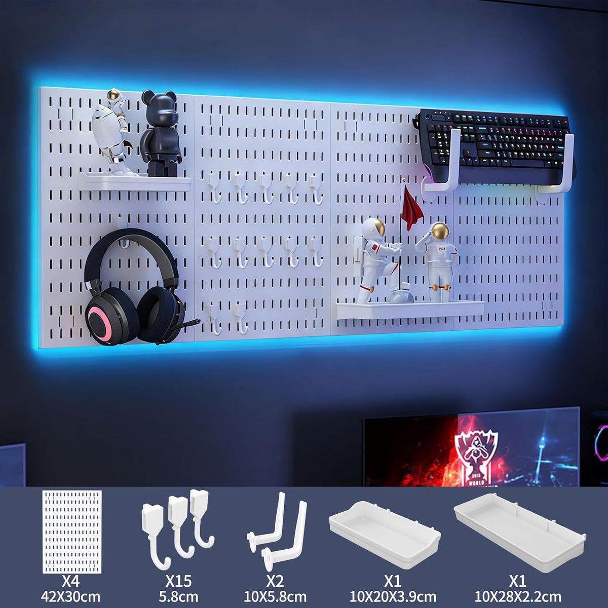 CARLA HOME Pegboard Wall Organizer Kit with 4 Modular Black Pegboards & 19 Accessories for Gaming, Office & Craft Storage (White)
