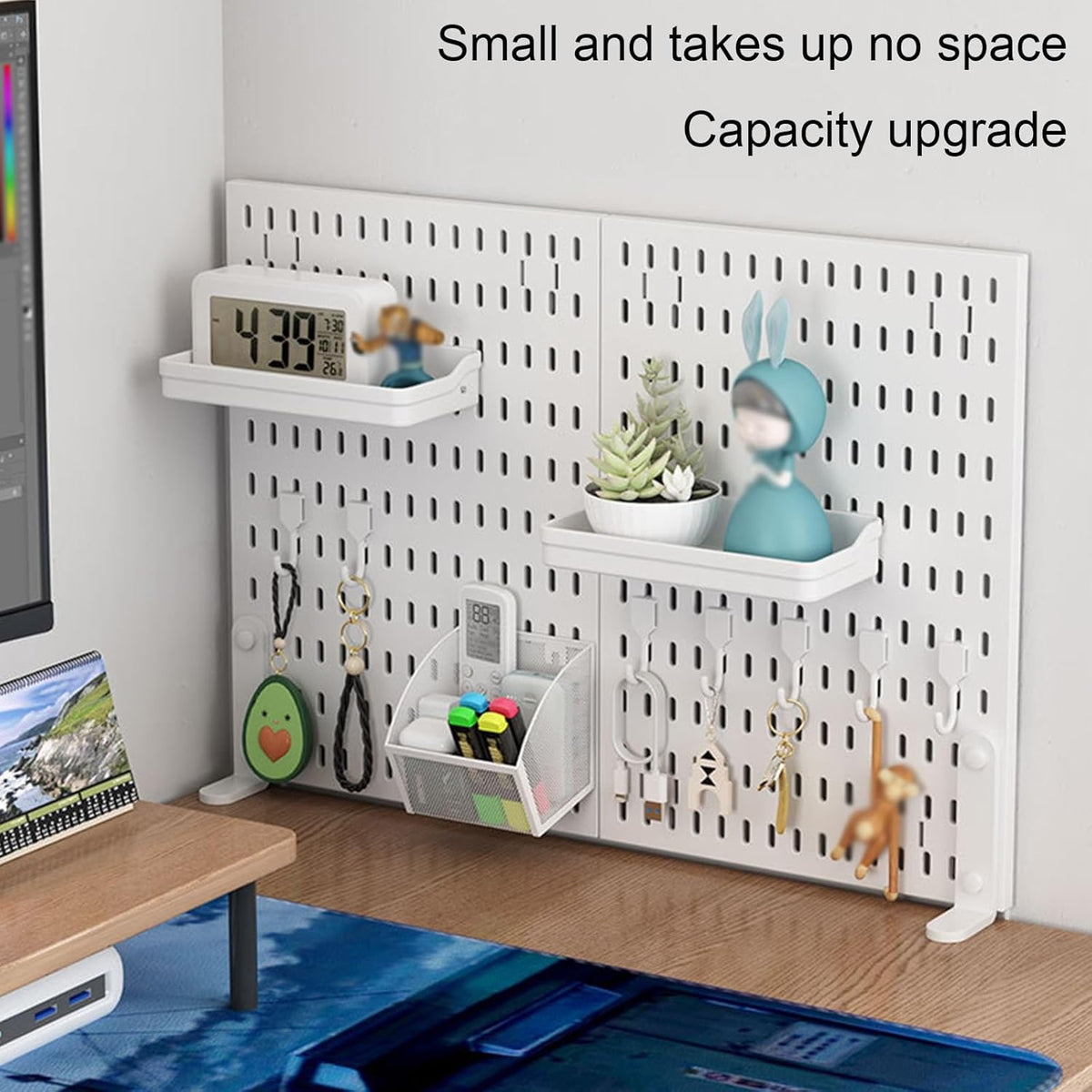CARLA HOME 2 Pack Desk Pegboard Organizer Kit  with Hooks, Tray & Mount Ideal for Office, Gaming Setup & Home Workspace Organization (White)