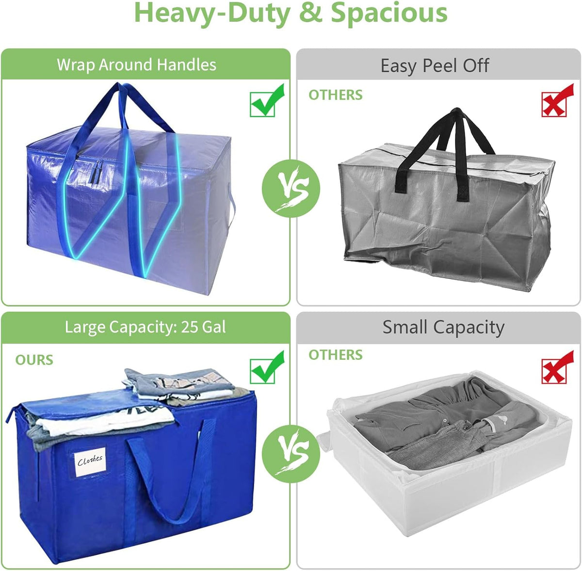 CARLA HOME 6-Pack Large Moving Storage Bags with Zippers & Handles with 95 Liters Capacity for Space Saving, Travel, Camping & Organization (Blue)