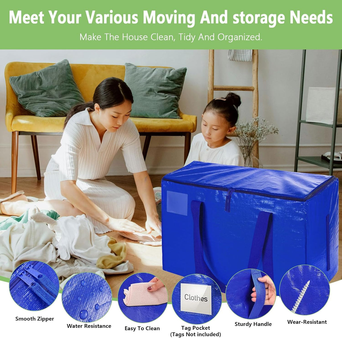 CARLA HOME 6-Pack Large Moving Storage Bags with Zippers & Handles with 95 Liters Capacity for Space Saving, Travel, Camping & Organization (Blue)