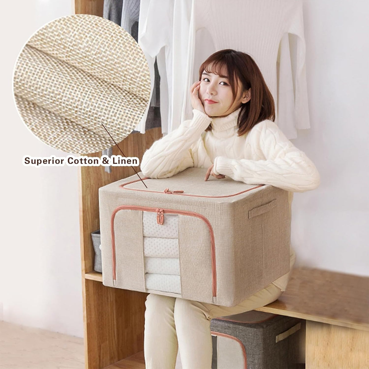 CARLA HOME 3 pack Large Clothes Storage Bins with Lids for Clothing, Bedding, Blankets, Toys (66L capacity - Beige)