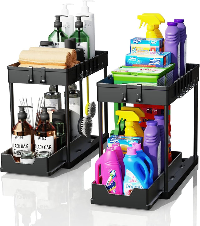 CARLA 2 Pack Under Sink Organizer w/Pull Out Basket & Hooks Bathroom & Kitchen