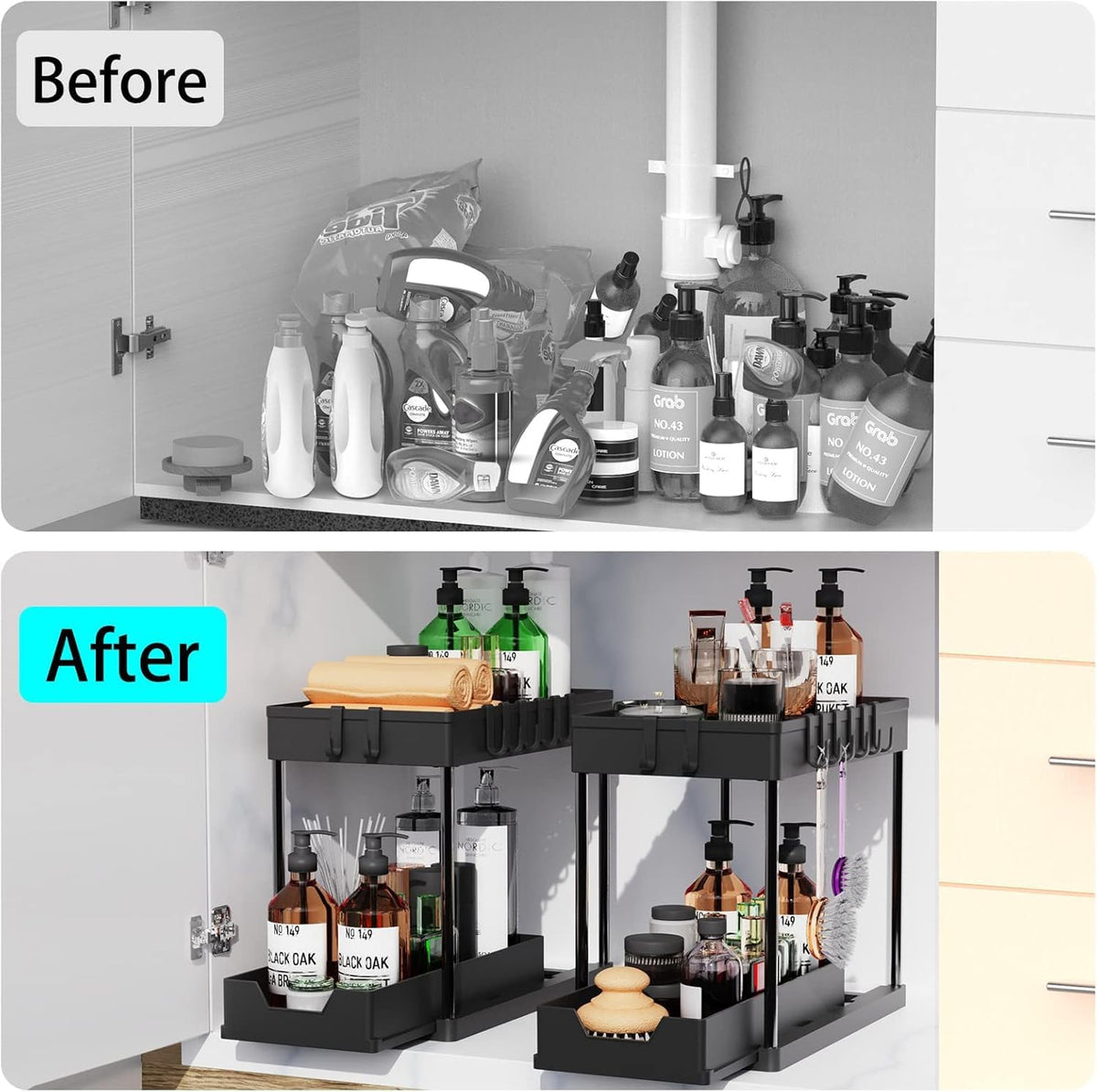 CARLA HOME 2 Pack Under Sink Organizer with Pull-Out Basket and Hooks for Bathroom & Kitchen