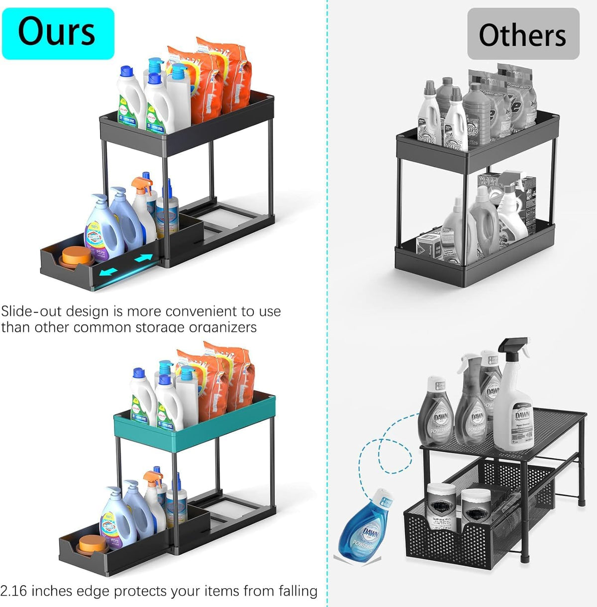 CARLA HOME 2 Pack Under Sink Organizer with Pull-Out Basket and Hooks for Bathroom & Kitchen