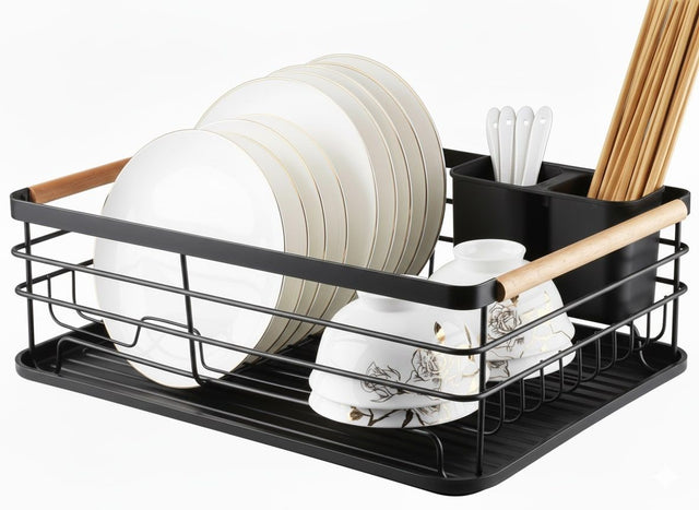CARLA Dish Drying Rack w/Wooden Handles, Removable Cutlery Holder & Drainboard