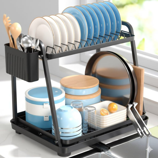 CARLA 2 Tier Dish Drying Rack Kitchen Countertop w/Drainage Tray, Utensil