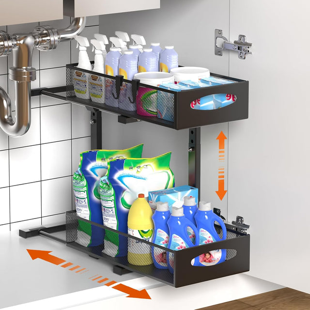 CARLA 2 Tier Under Sink Organizer Pull Out Sliding Cabinet Adjustable (Black)