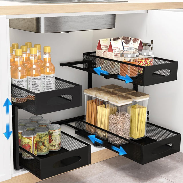 CARLA 2 Pack Under Sink Organizer Pull Out Sliding Cabinet Adjustable (Black)