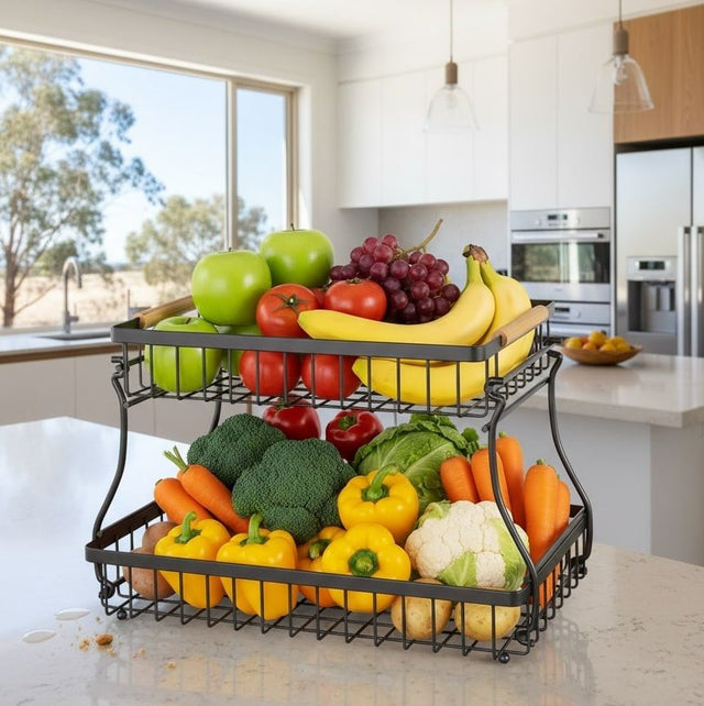 CARLA 2 Tier Fruit Basket Metal Storage Bowl Kitchen Counter Organizer