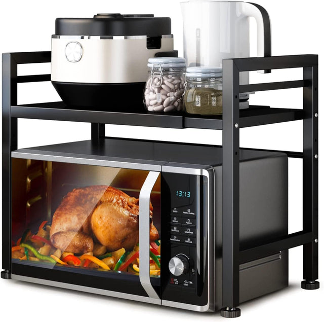 CARLA 2 Tier Microwave Oven Rack w/Adjustable Metal Kitchen Shelf 6 (Black)
