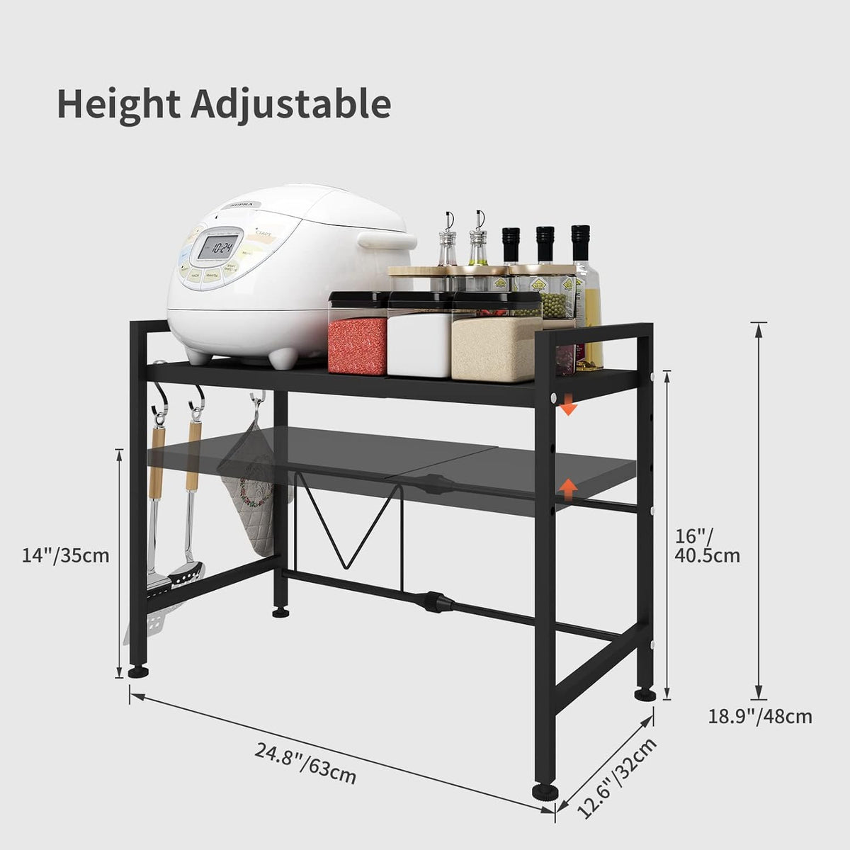 CARLA HOME 2-Tier Microwave Oven Rack with Adjustable Metal Kitchen Shelf Stand for Countertop Storage and 6 Hooks for Utensils (Black)