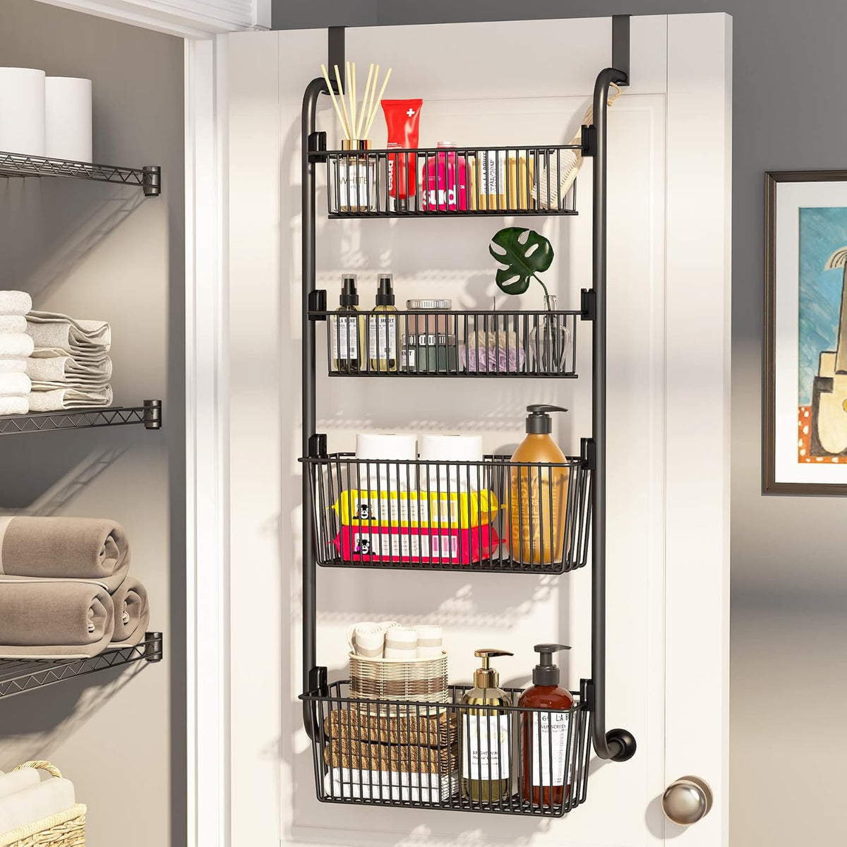 CARLA HOME 4-Tier Over the Door Organizer Heavy-Duty Metal Pantry Rack with Hanging Baskets for Home Kitchen Storage & Bathroom Door Organization