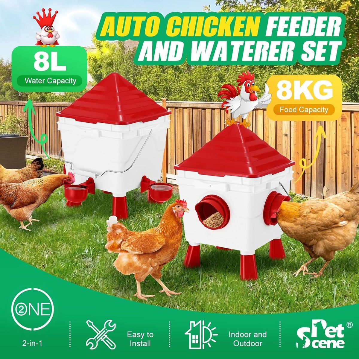 CARLA HOME Chicken Feeder Waterer Set, Automatic Gravity Dispenser with 8KG Food & 8L Water Capacity, 4 Ports & Cups, Clean Poultry Feeding for Coop, Duck, Quail, Hen
