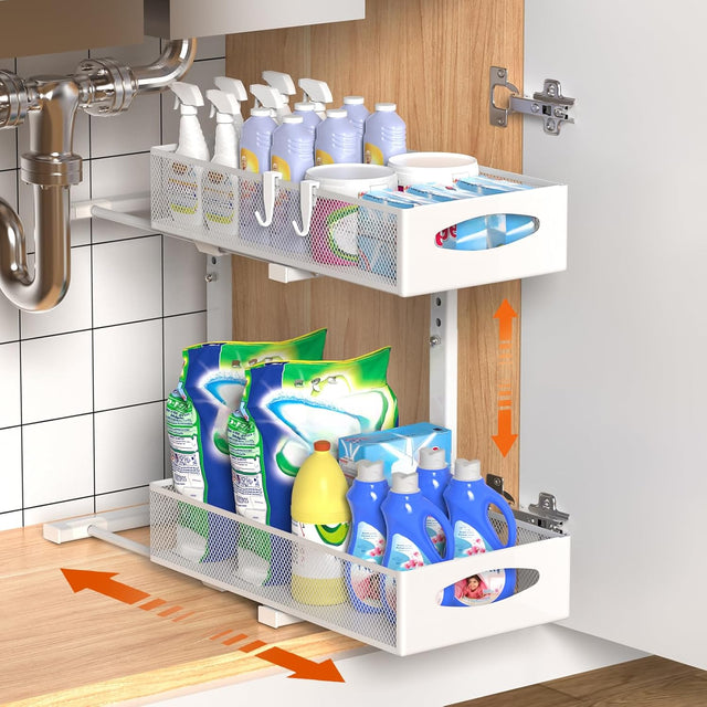 CARLA 2 Tier Under Sink Organizer Pull Out Sliding Cabinet Adjustable (White)