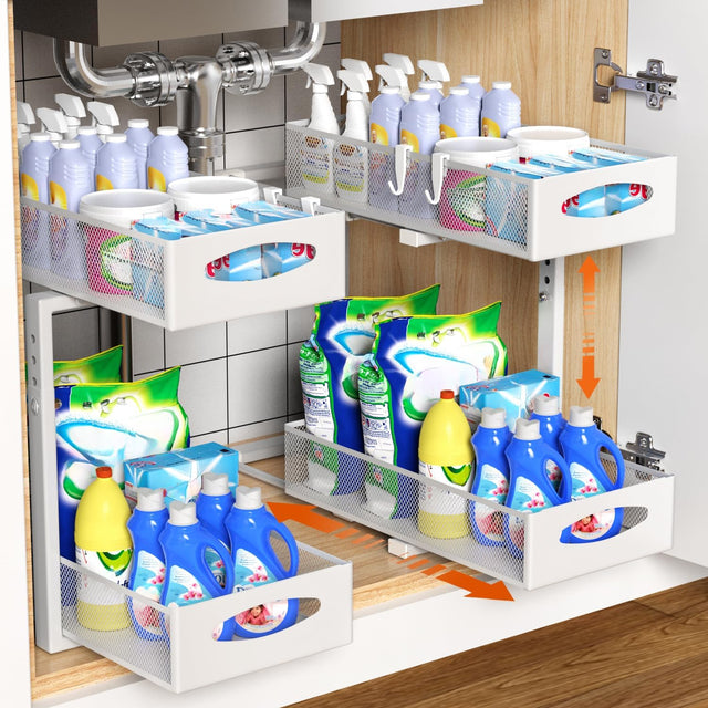 CARLA 2 Pack Under Sink Organizer Pull Out Sliding Cabinet Adjustable (White)