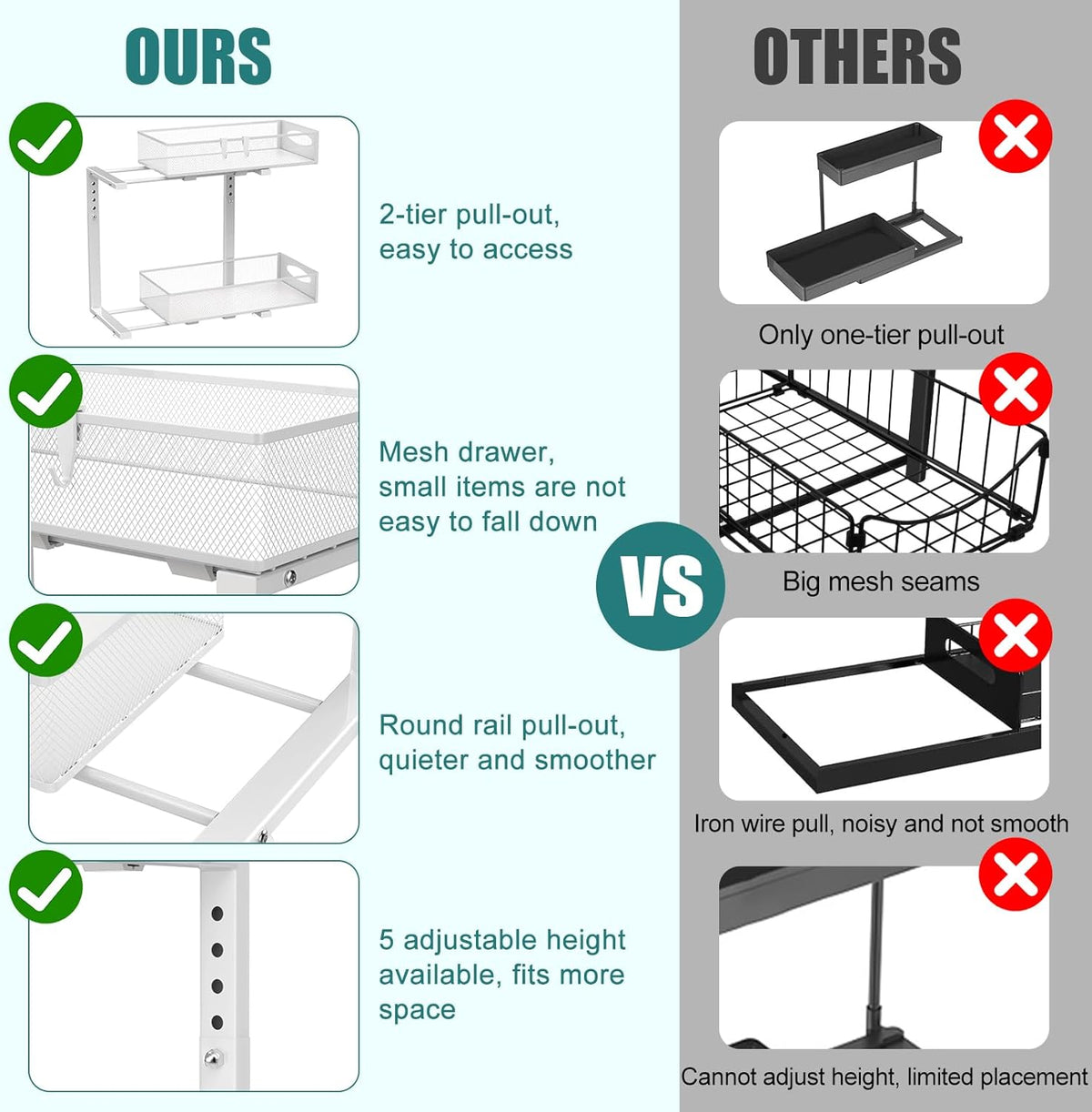 CARLA HOME 2 Pack Under Sink Organizer Pull Out Sliding Cabinet Storage Shelf with Height Adjustable for Kitchen, Bathroom or Laundry Room (White)