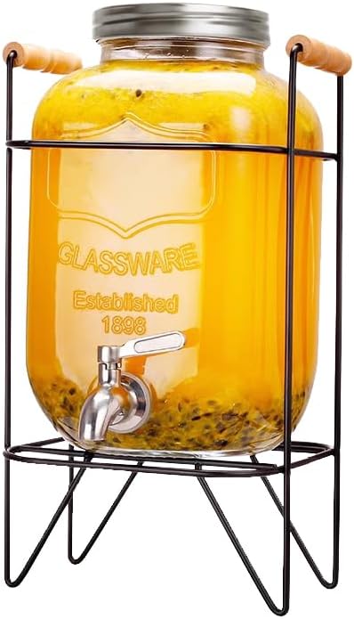 CARLA HOME 5L Glass Drink Dispenser with Metal Stand, Wide Mouth Beverage Jar & Stainless Steel Tap for Lemonade, Iced Tea, Water & Fruit-Infused Drinks