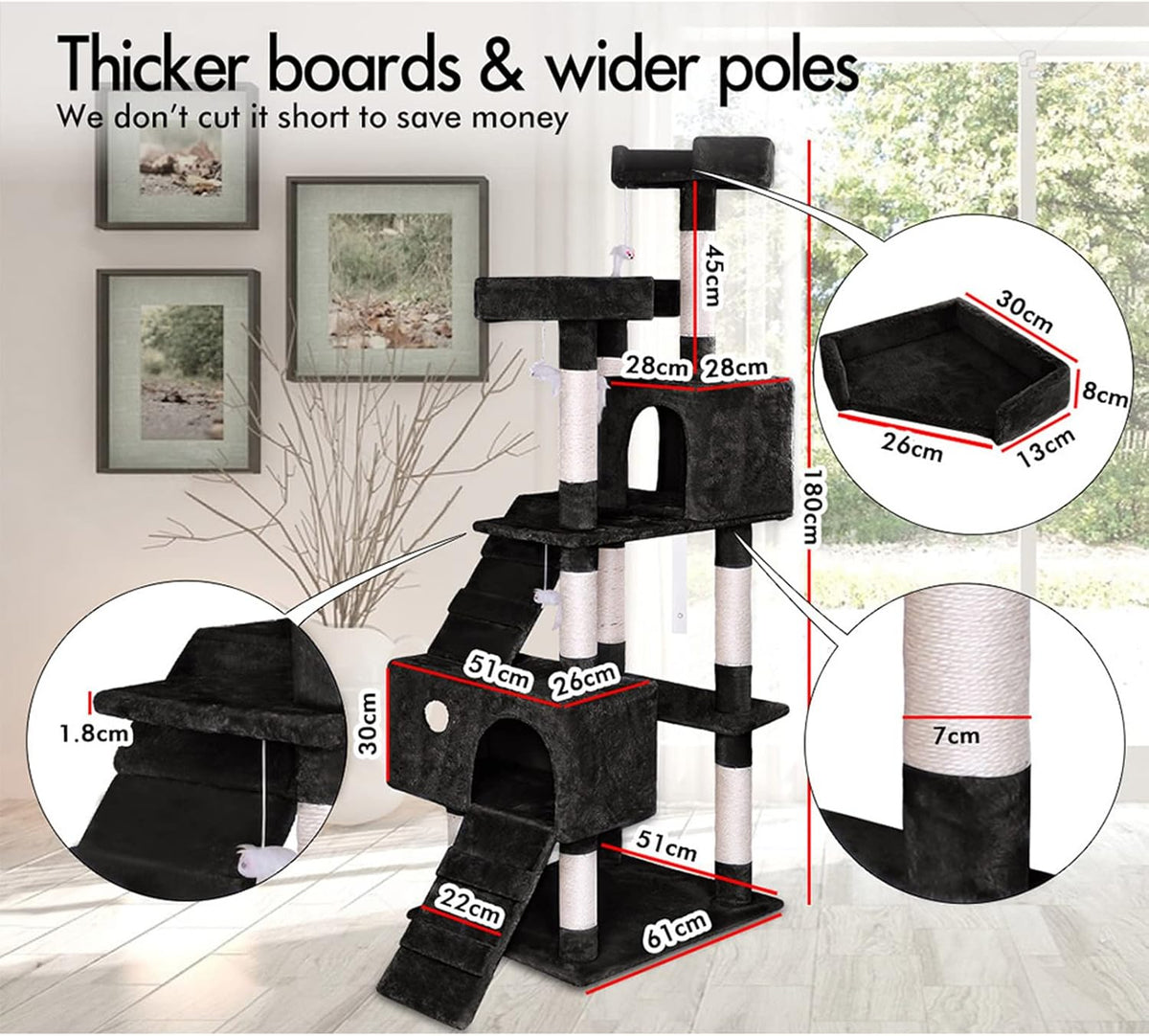 CARLA HOME 180cm Cat Tree Tower for Indoor Cats with Dual Condos, Plush Perches, Sisal Scratching Posts & Ramps for Kittens & Adult Cats (Black)
