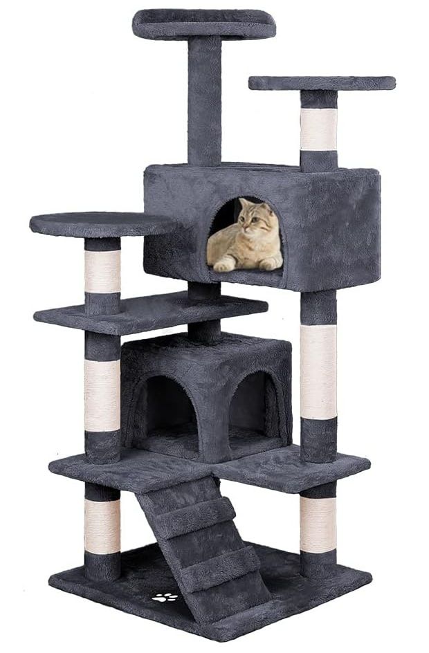 CARLA HOME 134cm Cat Tree Tower for Indoor Cats with Plush Perches, Dual Condos, Natural Sisal Scratching Posts & Ramp for Kittens & Adult Cats (Dark Grey)