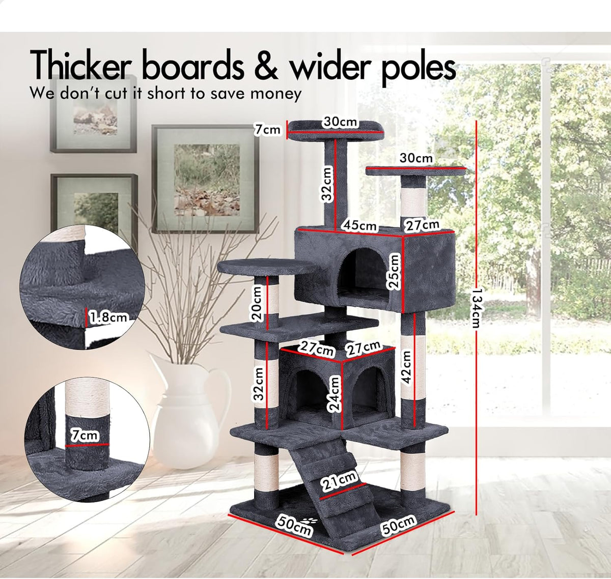 CARLA HOME 134cm Cat Tree Tower for Indoor Cats with Plush Perches, Dual Condos, Natural Sisal Scratching Posts & Ramp for Kittens & Adult Cats (Dark Grey)