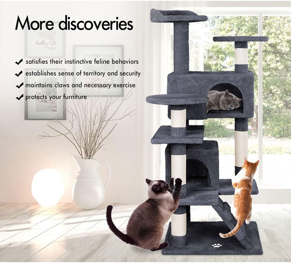CARLA HOME 134cm Cat Tree Tower for Indoor Cats with Plush Perches, Dual Condos, Natural Sisal Scratching Posts & Ramp for Kittens & Adult Cats (Dark Grey)